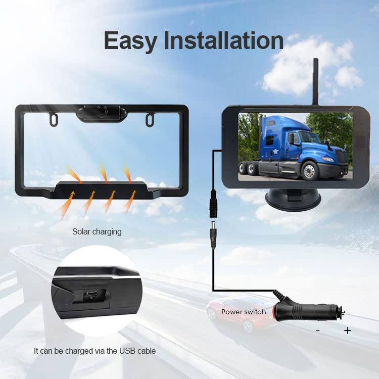 Solar Wireless License Plate Frame Backup Camera, 5 Inch HD Monitor with Digital Wireless Signal and HD Image Waterproof Rear View Camera for Truck,Car,RV，5 Mins DIY Installation，YIMU WX8310D