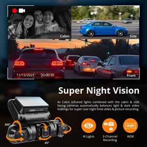 REXING S3 3-Channel Dash Cam Front, Cabin, Sides 1080P+1080p+1080p, 3” LCD, GPS, Infrared Night Vision, Parking Monitor, WiFi,APP, 170°Angle, Loop Recording, Side Coverage, Support up to 256GB