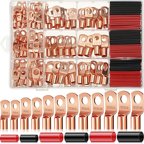 Sieral 400 Pcs Copper Wire Lugs with Heat Shrink Set, AWG2 4 6 8 10 12, 200 Battery Cable Ends Rings Terminal Connectors Tubing Assortment Kit,