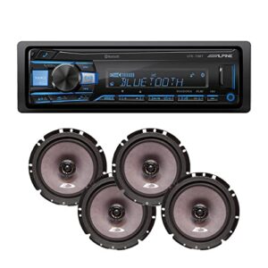 alpine ute-73bt bluetooth car stereo music lover’s bundle with 4 sxe-1726s 220w coaxial speakers. no-cd mechless digital media receiver head unit, streams from iphone and android, high res via usb