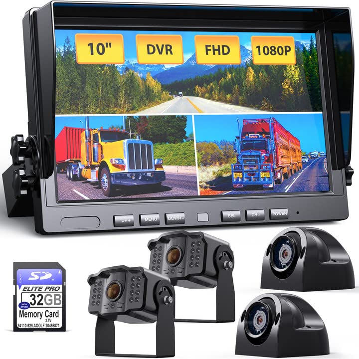 Xroose 10”HD 1080P Wired Backup Camera Kit, Full/Split Screen Monitor with Loop Recording&Parking Lines, IP69 Waterproof Rear/Side Cameras Auto IR Lights Night Vision, for Truck RV Trailer (C104)