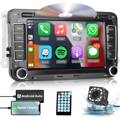 Double Din Car Stereo for VW Jetta Passat Tiguan CC Golf with Apple Carplay&Android Auto 7” HD Touchscreen Head Unit Support DVD GPS Bluetooth FM Car Radio with Backup Camera+ Steering Wheel Controls