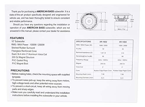 American Bass XR-10D2 10" Subwoofer Dual 2 Ohm 2000W Max 200 Oz. Magnet Single