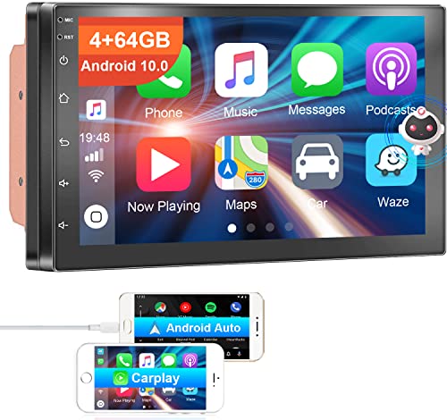 EAKT Android10 Car Stereo 4+64GB Intelligent Voice 7'' Car Radio with Carplay DSP Double Din Touch Screen GPS Navigation Split Screen Support 4G WiFi Bluetooth FM Steering Wheel Control DVR