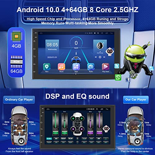 EAKT Android10 Car Stereo 4+64GB Intelligent Voice 7'' Car Radio with Carplay DSP Double Din Touch Screen GPS Navigation Split Screen Support 4G WiFi Bluetooth FM Steering Wheel Control DVR