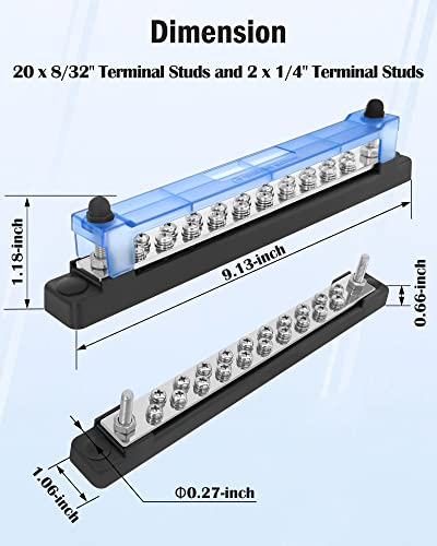 LENKRAD 20 Power/Ground Distribution Block Bus Bar, Marine Bus Bar, 150 Amp Battery Terminal Distribution Block for Automotive and RV Solar Wiring, Ground Bus Bar Kit, 2 Packs