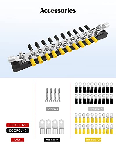 LENKRAD 20 Power/Ground Distribution Block Bus Bar, Marine Bus Bar, 150 Amp Battery Terminal Distribution Block for Automotive and RV Solar Wiring, Ground Bus Bar Kit, 2 Packs