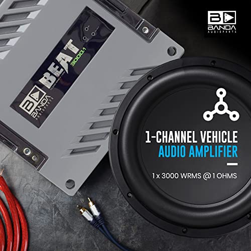 1-Channel Vehicle Audio Amplifier - 3000 Watts High-Powered Mono Bass Amplifier w/Subsonic Filter and Low Pass Filter Stable at 1 ohm, LED Indicators, Sound Specialization - BANDA BEAT3001