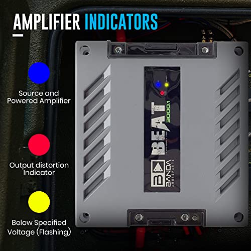 1-Channel Vehicle Audio Amplifier - 3000 Watts High-Powered Mono Bass Amplifier w/Subsonic Filter and Low Pass Filter Stable at 1 ohm, LED Indicators, Sound Specialization - BANDA BEAT3001