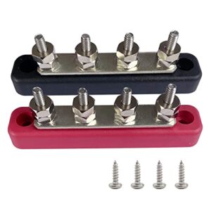 Orifort 4 Terminals Brass Bus Bar, 4.2" Power and Ground Distribution Block Brass BusBar Battery Junction for Car Boat and More (1 Pair)