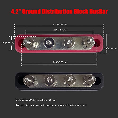 Orifort 4 Terminals Brass Bus Bar, 4.2" Power and Ground Distribution Block Brass BusBar Battery Junction for Car Boat and More (1 Pair)