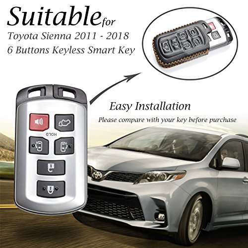 Vitodeco Genuine Leather Smart Key Keyless Remote Entry Fob Case Cover with Key Chain Compatible with Toyota Sienna 2011-2020 (6 Buttons, Black)