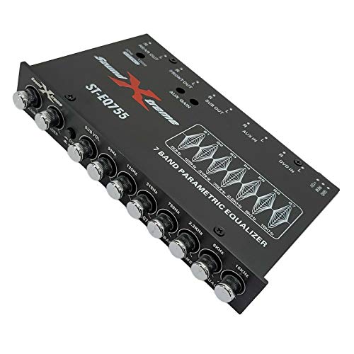 SoundXtreme ST-EQ755 1/2 Din 7 Band Car Audio Parametric Equalizer EQ with Front, Rear + Sub Output 8 Volt RMS Three Stereo RCA Output Built-in Input AUX / DVD Select Switch