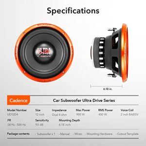 Cadence 12 Inch Car Subwoofer, High Performance 900 Watts Dual 4 Ohm 2 Inch Black Aluminium 4 Layer Voice Coil, Ultra Drive Series Car Audio Woofer UD12D4, Single