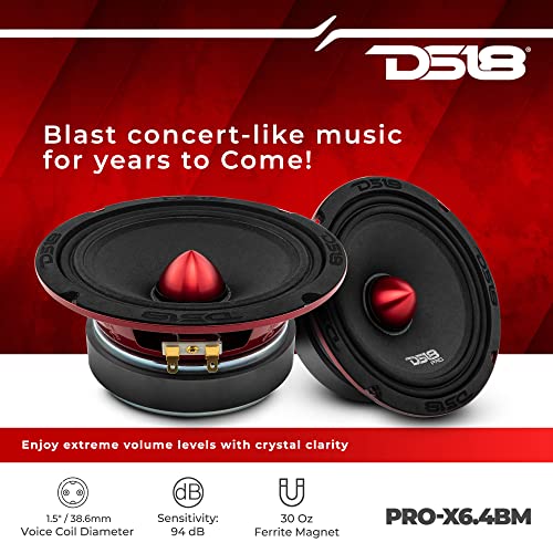 DS18 PRO-X6.4BM Loudspeaker - 6.5", Midrange, Red Aluminum Bullet, 500W Max, 250W RMS, 4 Ohms - Premium Quality Audio Door Speakers for Car or Truck Stereo Sound System (8 Speakers)