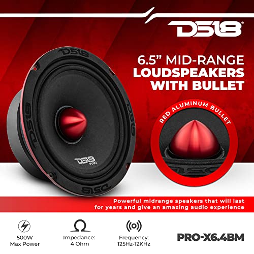 DS18 PRO-X6.4BM Loudspeaker - 6.5", Midrange, Red Aluminum Bullet, 500W Max, 250W RMS, 4 Ohms - Premium Quality Audio Door Speakers for Car or Truck Stereo Sound System (8 Speakers)