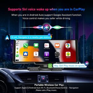 Portable Car Stereo with Wireless Apple Carplay+Android Auto, 10.26" Dashboard Mounted Car Radio Receiver with with Mirror Link/GPS/Siri/FM,Rear Backup Camera Driving Recorder