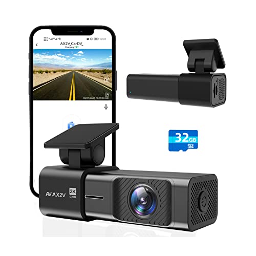 AX2V 2K WiFi Dash Cam for Cars with Super Night Vision and 170° Wide Angle - Screenless 1600P Dash Camera with WDR, G-Sensor, Loop Recording, and Parking Mode - Includes 32GB SD Card