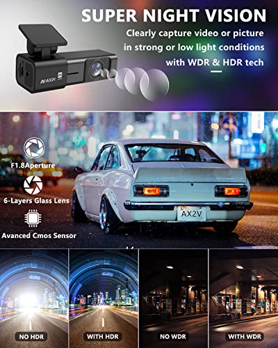 AX2V 2K WiFi Dash Cam for Cars with Super Night Vision and 170° Wide Angle - Screenless 1600P Dash Camera with WDR, G-Sensor, Loop Recording, and Parking Mode - Includes 32GB SD Card