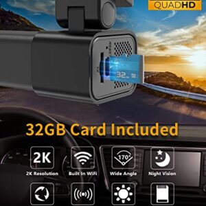 AX2V 2K WiFi Dash Cam for Cars with Super Night Vision and 170° Wide Angle - Screenless 1600P Dash Camera with WDR, G-Sensor, Loop Recording, and Parking Mode - Includes 32GB SD Card