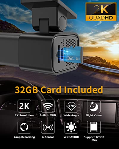 AX2V 2K WiFi Dash Cam for Cars with Super Night Vision and 170° Wide Angle - Screenless 1600P Dash Camera with WDR, G-Sensor, Loop Recording, and Parking Mode - Includes 32GB SD Card