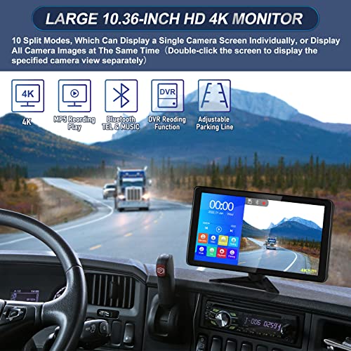 Vekooto RV Camera System, 4K Backup Camera with 10.36'' Touch Screen, Waterproof 4 AHD Rear Side View Camera, for Truck/Semi-Trailer/Camper/RV/Bus, 32GB Micro SD CardT9