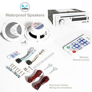 Pyle Marine Stereo Receiver Speaker Kit - In-Dash LCD Digital Console Built-in Bluetooth & Microphone 6.5” Waterproof Speakers (4) w/ MP3/USB/SD/AUX/FM Radio Reader & Remote Control - Pyle PLCDBT85MRW