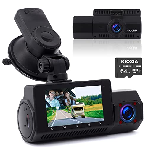 Frvesroe BF-2 4K+1080P Dual Dash Cam Front and Inside,Car Camera Front and Rear with GPS and Speed,Dashcam with 24H Parking Mode,Super Infrared Night Vision with Sony Sensor (64GB SD Card is Included)