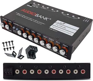 audiobank eq7 1/2 din 7 band car audio equalizer eq with front, rear/frequency adjustable /3 stereo rca input for portable devices & subwoofer output -2nd gen