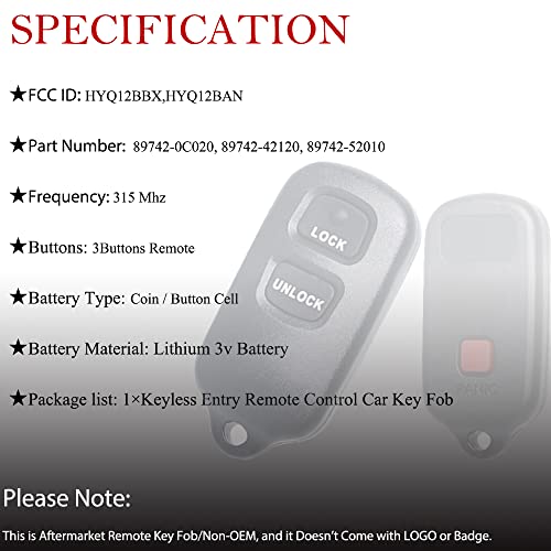 Key Fob Remote Replacement Fits for Toyota 4Runner 1999-2009/SCION XB 2004-2007/HIGHLANDER 2001-2007/RAV4 2001-2005 /FJ Cruiser/Prius/CELICA/Tundra/ HYQ12BBX HYQ12BAN Keyless Entry Remote Control