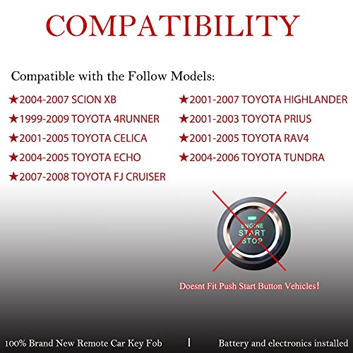 Key Fob Remote Replacement Fits for Toyota 4Runner 1999-2009/SCION XB 2004-2007/HIGHLANDER 2001-2007/RAV4 2001-2005 /FJ Cruiser/Prius/CELICA/Tundra/ HYQ12BBX HYQ12BAN Keyless Entry Remote Control