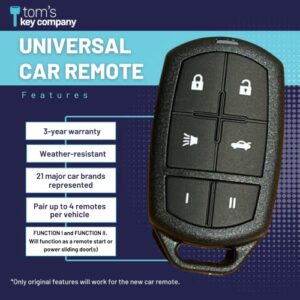 Replacement Car Remote for Hundreds of Vehicles, Keyless Entry FOB with Lock, Unlock, Remote Start, Trunk Release and More, for Select Vehicles from Many Manufacturers (Universal Remote)