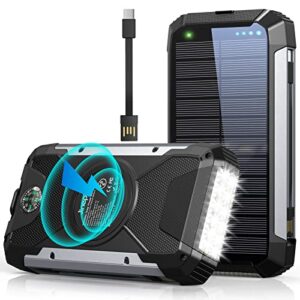 solar charger 38600mah,solar power bank wireless portable charger built in 3 cables external battery pack waterproof with 4 outputs 2 inputs usb c 15 w 5v/3a battery bank with camping light compass