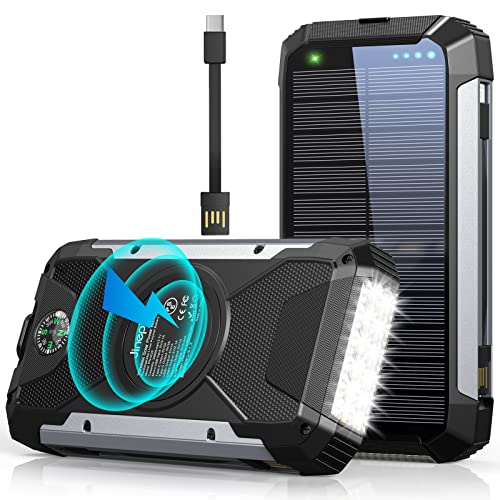 Solar Charger 38600mAh,Solar Power Bank Wireless Portable Charger Built in 3 Cables External Battery Pack Waterproof with 4 Outputs 2 Inputs USB C 15 W 5V/3A Battery Bank with Camping Light Compass