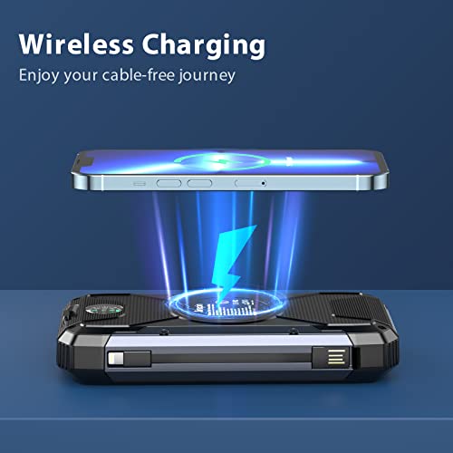 Solar Charger 38600mAh,Solar Power Bank Wireless Portable Charger Built in 3 Cables External Battery Pack Waterproof with 4 Outputs 2 Inputs USB C 15 W 5V/3A Battery Bank with Camping Light Compass