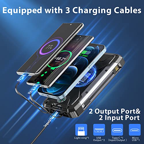 Solar Charger 38600mAh,Solar Power Bank Wireless Portable Charger Built in 3 Cables External Battery Pack Waterproof with 4 Outputs 2 Inputs USB C 15 W 5V/3A Battery Bank with Camping Light Compass