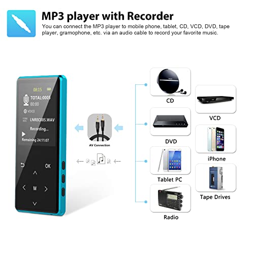 MP3 Player, Safuciiv 128GB MP3 Player with Bluetooth 5.2, 2.4 in Screen, Portable Lossless Music Player, Support FM Recording, Including Arm Strap and Player Case, for Gym, Camping, Sports (Blue)