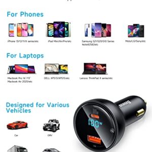 Baseus 100W USB C Car Charger, PPS PD3.0 QC4.0 Super Fast Charging Type C Car Charger with LED Display Adapter Compatible with MacBook Pro Laptop iPad iPhone 14/13 Pro Max Samsung S22 S21 Ultra/Tab S8