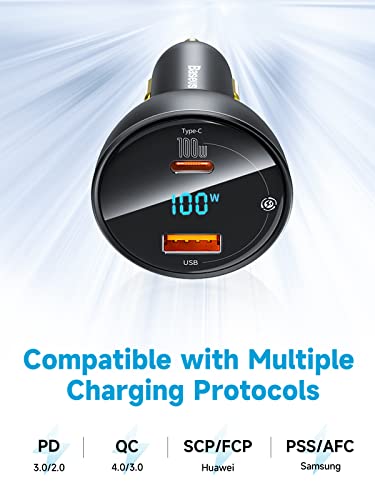 Baseus 100W USB C Car Charger, PPS PD3.0 QC4.0 Super Fast Charging Type C Car Charger with LED Display Adapter Compatible with MacBook Pro Laptop iPad iPhone 14/13 Pro Max Samsung S22 S21 Ultra/Tab S8