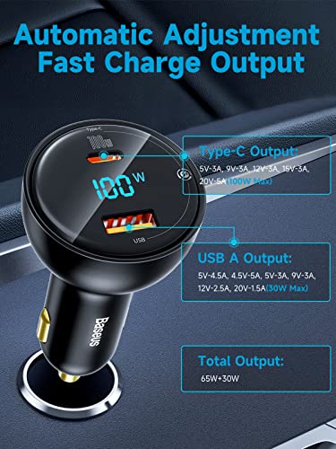 Baseus 100W USB C Car Charger, PPS PD3.0 QC4.0 Super Fast Charging Type C Car Charger with LED Display Adapter Compatible with MacBook Pro Laptop iPad iPhone 14/13 Pro Max Samsung S22 S21 Ultra/Tab S8