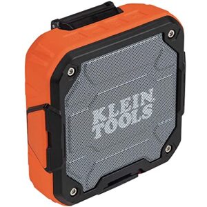 klein tools aepjs2 bluetooth speaker with magnetic strip and hook, rechargeable, wireless and aux capable, hands free capable, smart phone charging, 10 hr run time, ip54 dust and water resistant