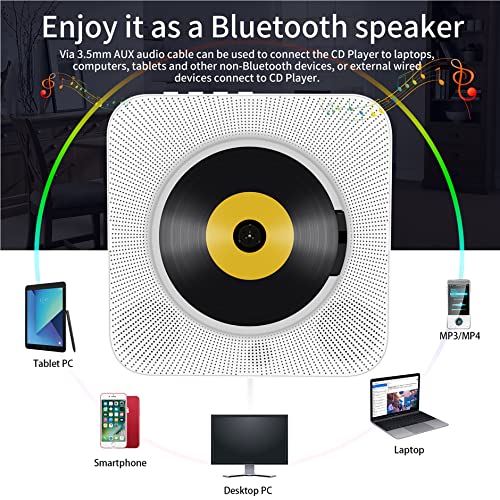 Wall Mountable CD Player with Bluetooth: Portable CD Music Player with Remote Control HiFi Sound Speaker FM Radio Support AUX/USB, Headphone Jack for Home, Kids, Kpop, Gift