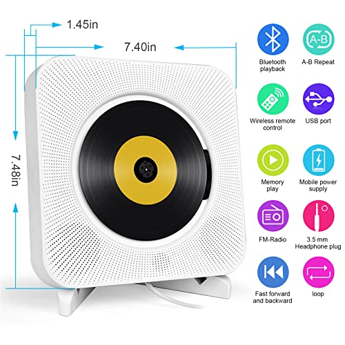 Wall Mountable CD Player with Bluetooth: Portable CD Music Player with Remote Control HiFi Sound Speaker FM Radio Support AUX/USB, Headphone Jack for Home, Kids, Kpop, Gift