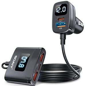 78w fast charging usb c car charger, 5 port car phone charger with voltage display, 5ft extention pd&qc 3.0 type c car charger for back seat for iphone ipad samsung pixel phones