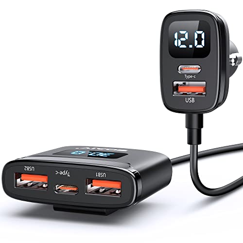 78W Fast Charging USB C Car Charger, 5 Port Car Phone Charger with Voltage Display, 5FT Extention PD&QC 3.0 Type C Car Charger for Back Seat for iPhone iPad Samsung Pixel Phones