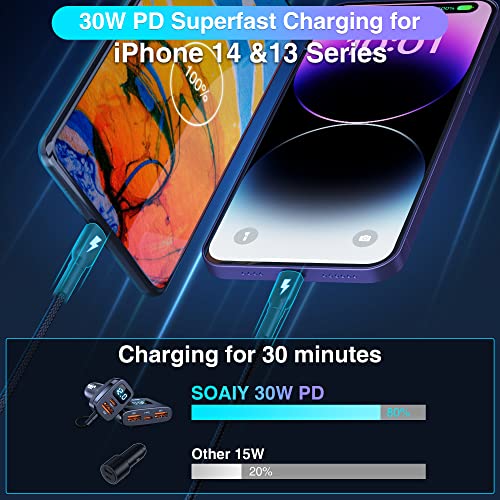 78W Fast Charging USB C Car Charger, 5 Port Car Phone Charger with Voltage Display, 5FT Extention PD&QC 3.0 Type C Car Charger for Back Seat for iPhone iPad Samsung Pixel Phones