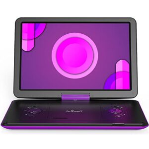 𝐢𝐞𝐆𝐞𝐞𝐤 16.9” portable dvd player with 14.1” swivel screen, 6 hrs rechargeable battery, car dvd player, sync tv, region free, support usb/sd card, high volume speaker, remote control, purple