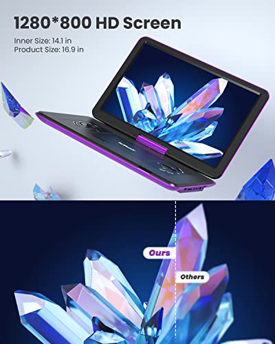 𝐢𝐞𝐆𝐞𝐞𝐤 16.9'' Portable DVD Player with 14.1'' Swivel Screen, 6 Hrs Rechargeable Battery, Car DVD Player, Sync TV, Region Free, Support USB/SD Card, High Volume Speaker, Remote Control, Purple
