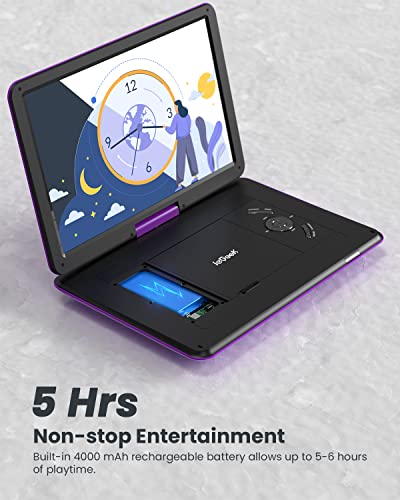 𝐢𝐞𝐆𝐞𝐞𝐤 16.9'' Portable DVD Player with 14.1'' Swivel Screen, 6 Hrs Rechargeable Battery, Car DVD Player, Sync TV, Region Free, Support USB/SD Card, High Volume Speaker, Remote Control, Purple