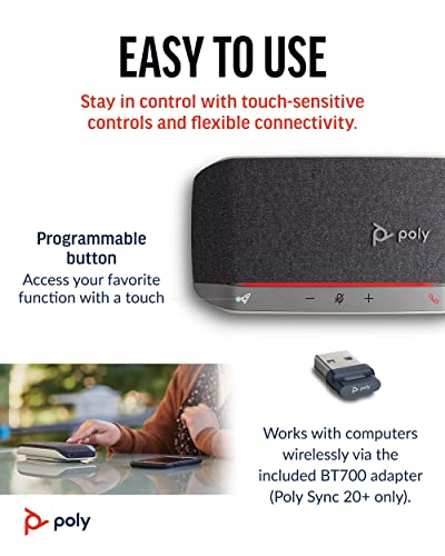 Poly Sync 20+ Personal Portable Bluetooth Smart Speakerphone (Plantronics) - USB-A UC Bluetooth Adapter - Connect Wirelessly to PC/Mac/Cell Phone - Works w/Teams, Zoom, & More - Amazon Exclusive